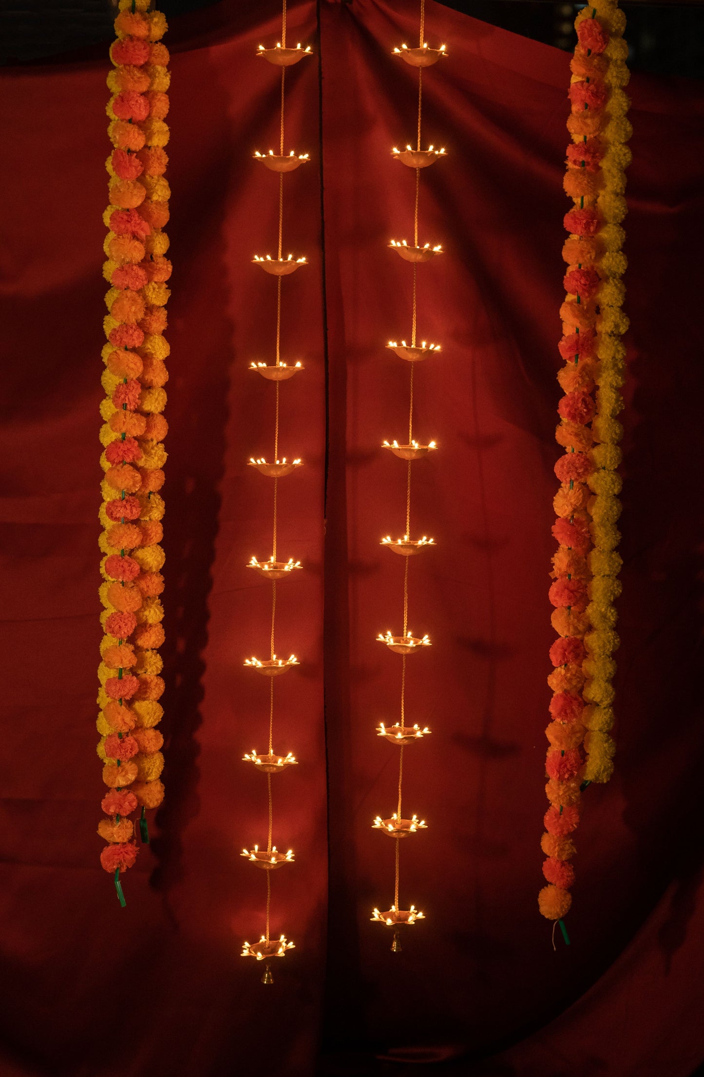 Made in India-2 Strings of 10 Vertical Hanging PVC Diyas with Brass Bell | 220-Volt or 110-Volt Options