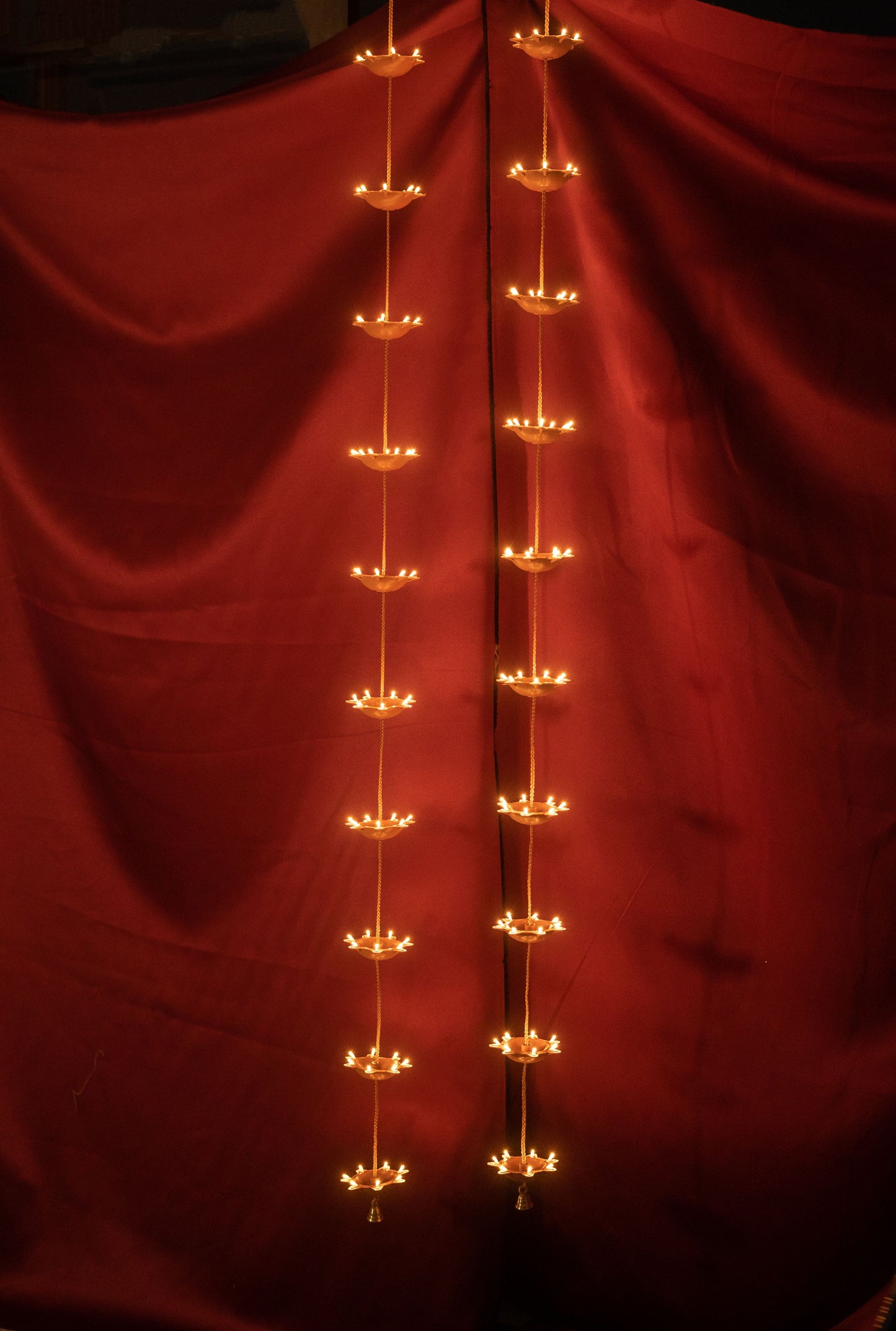 Made in India-2 Strings of 10 Vertical Hanging PVC Diyas with Brass Bell | 220-Volt or 110-Volt Options