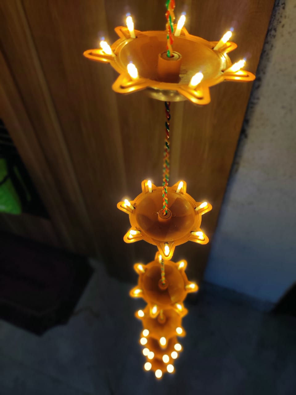 Made in India-2 Strings of 10 Vertical Hanging PVC Diyas with Brass Bell | 220-Volt or 110-Volt Options