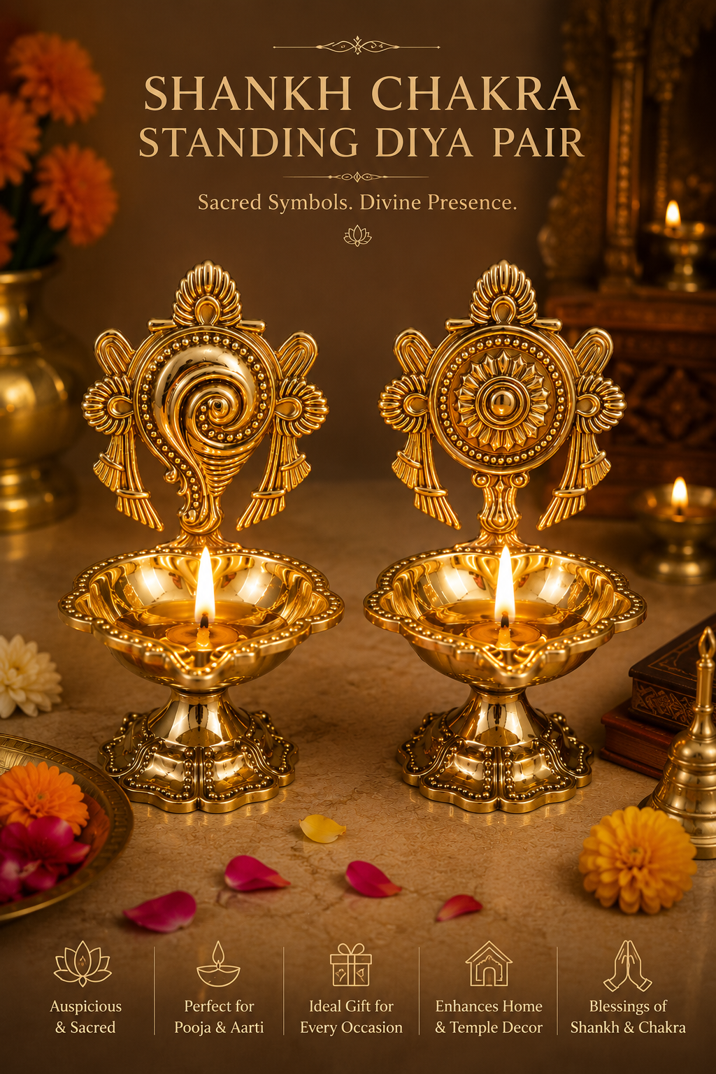 Shankh chakra standing diya pair – Puja and Utility at HeritageKosh