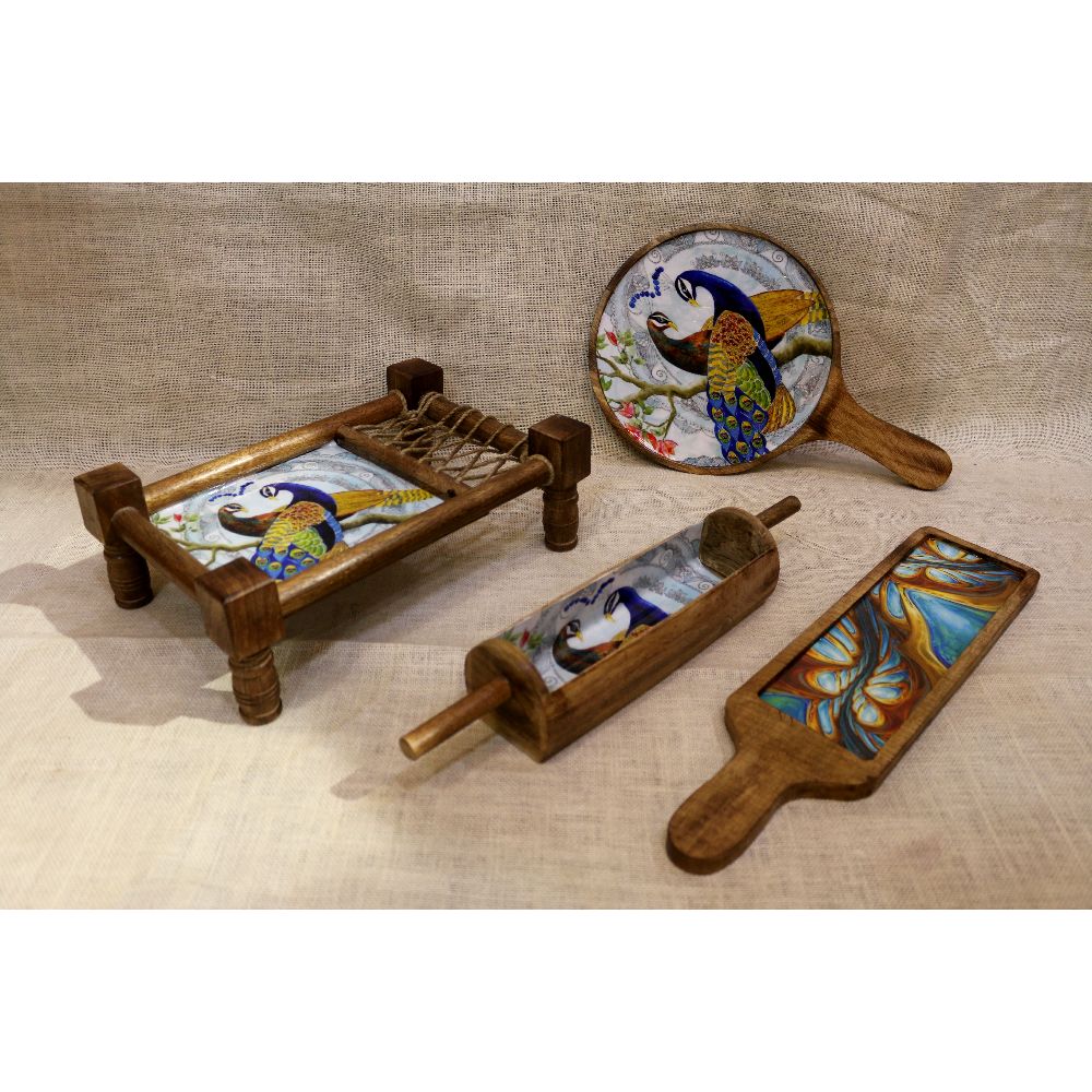 Painted Wooden Khatiya Platter Set – 4 Pieces — view 3