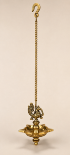 Pure Brass Peacock Hanging Diya – 5 Wick Antique Finish