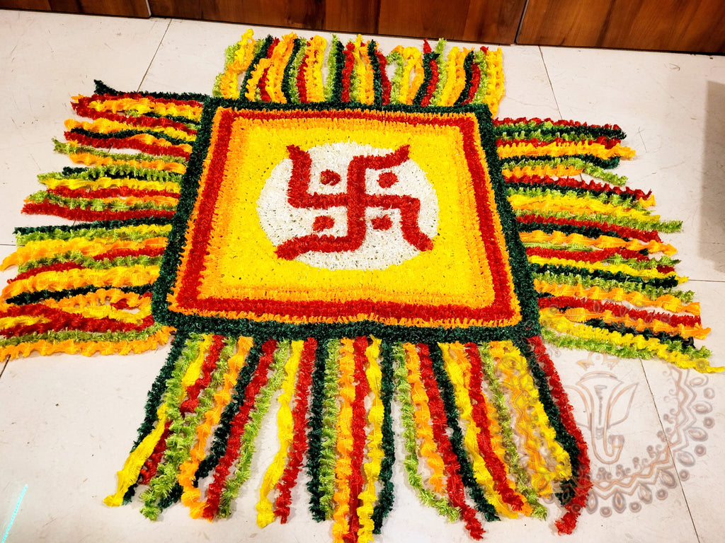 Handcrafted Festive Puja Rangoli Chowki Decor with Swastik – 15 Inch