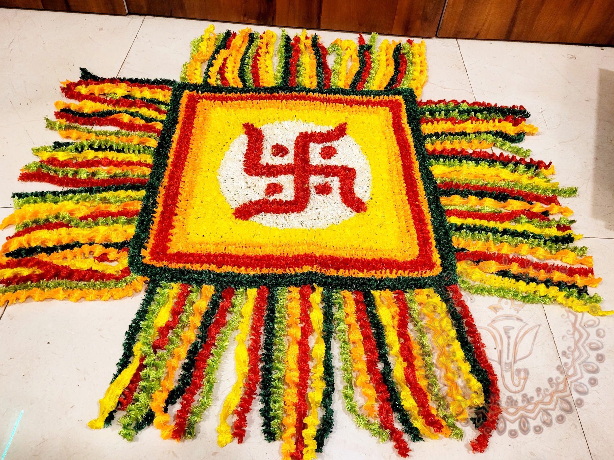 Handcrafted Festive Puja Rangoli Chowki Decor with Swastik – 15 Inch