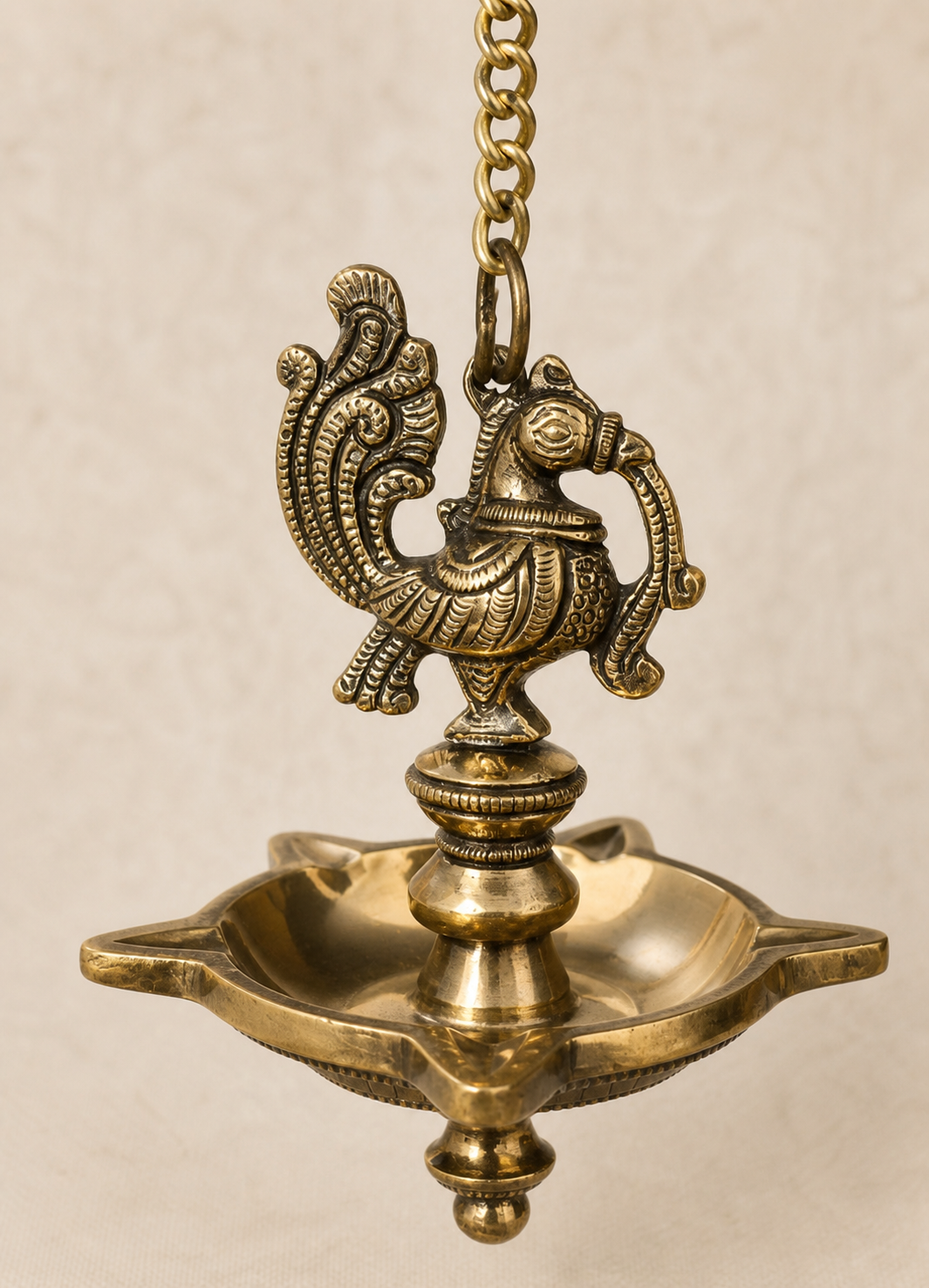 Pure Brass Peacock Hanging Diya – 5 Wick Antique Finish