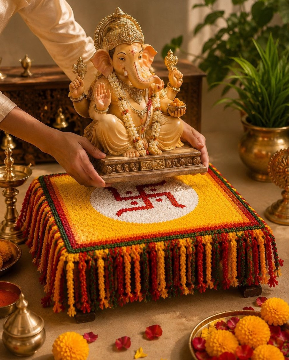 Handcrafted Festive Puja Rangoli Chowki Decor with Swastik – 15 Inch