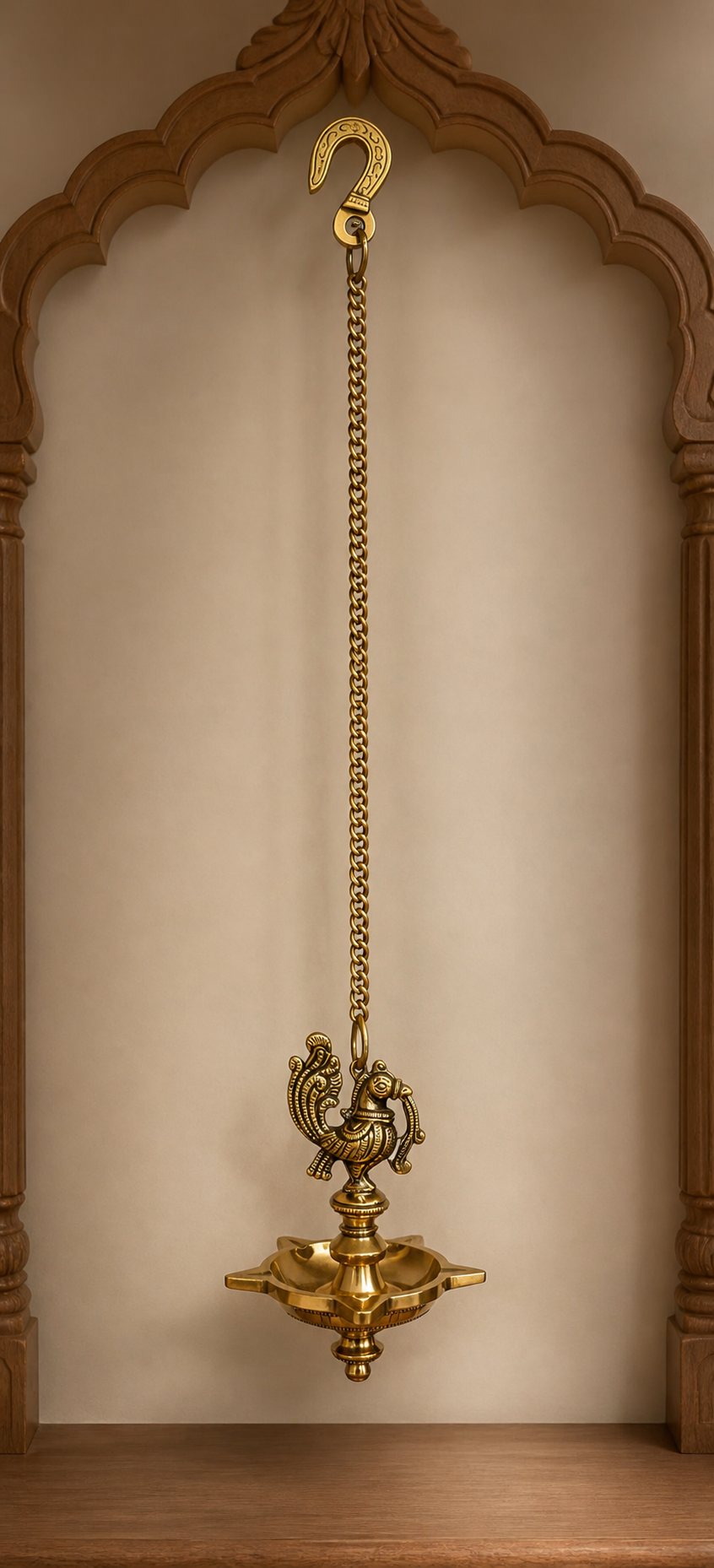 Pure Brass Peacock Hanging Diya – 5 Wick Antique Finish