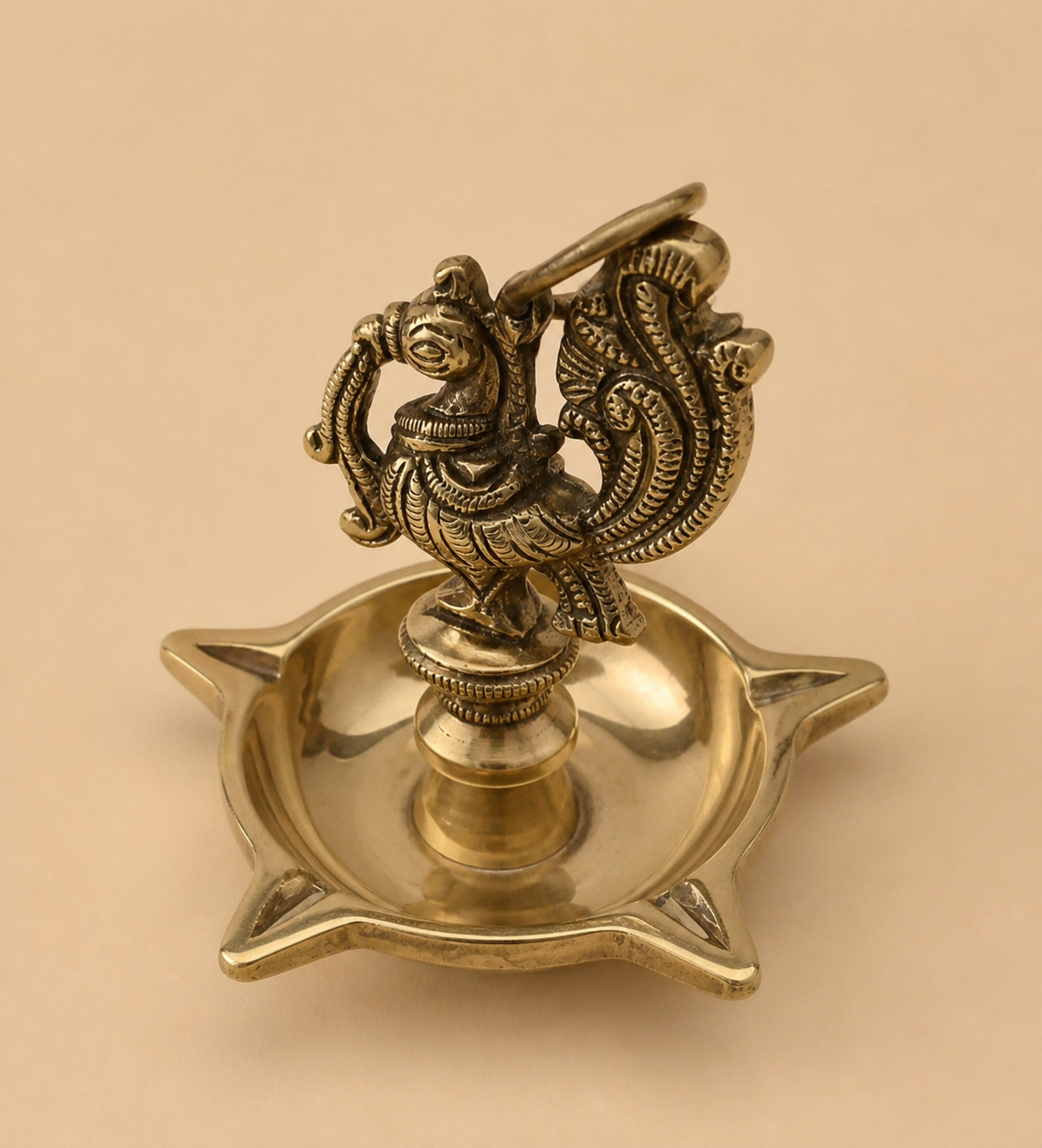 Pure Brass Peacock Hanging Diya – 5 Wick Antique Finish