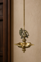 Pure Brass Peacock Hanging Diya – 5 Wick Antique Finish