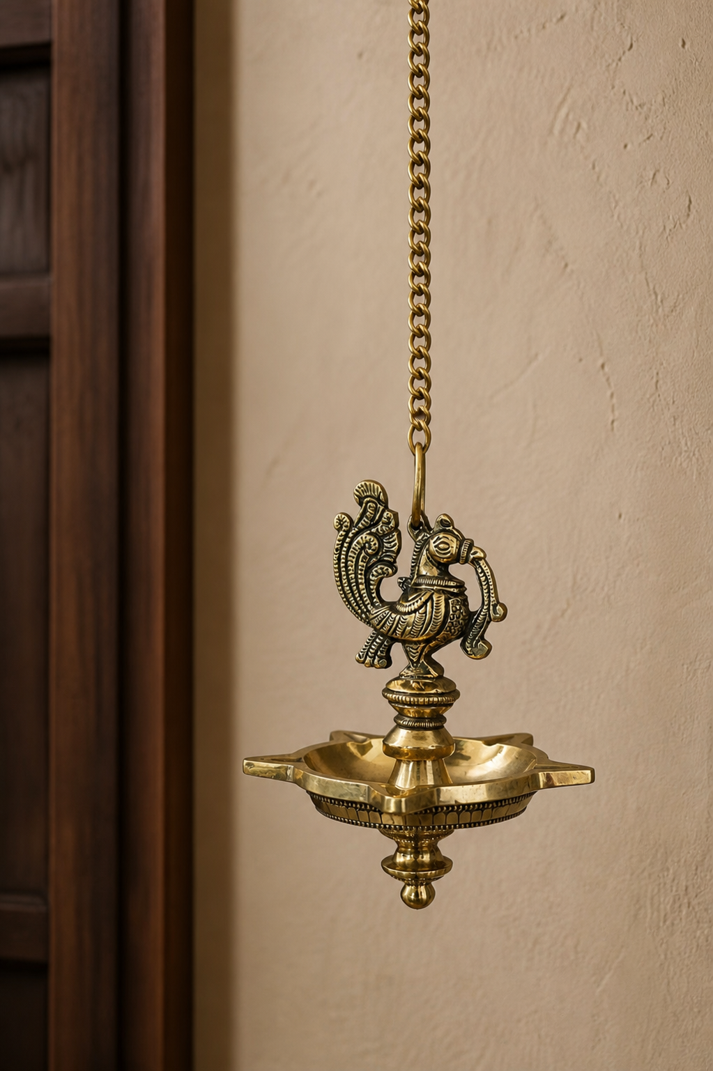 Pure Brass Peacock Hanging Diya – 5 Wick Antique Finish