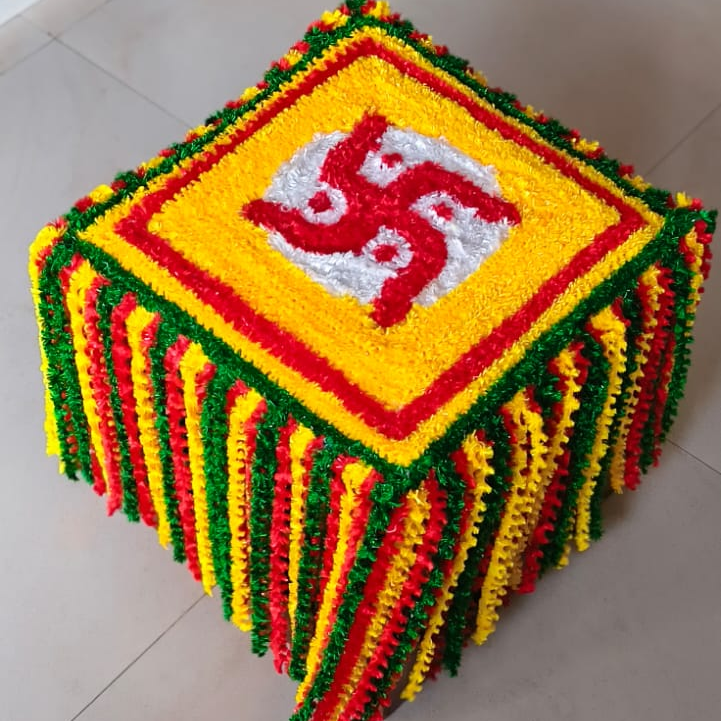Handcrafted Festive Puja Rangoli Chowki Decor with Swastik – 15 Inch