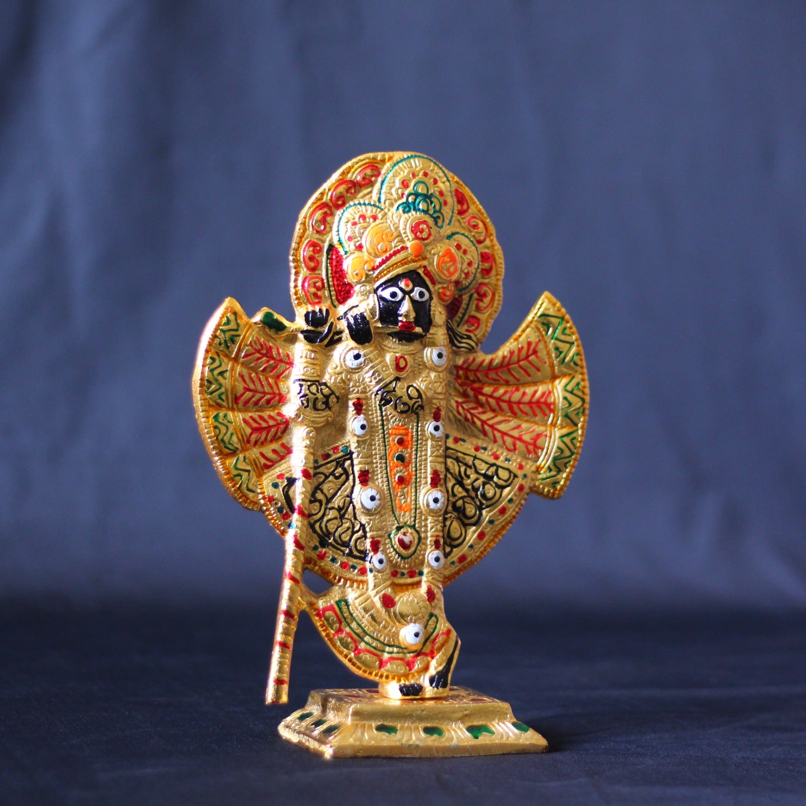 Banke Bihari Krishna Idol – 9 inch — Silver tone with orange, blue and gold meenakari work