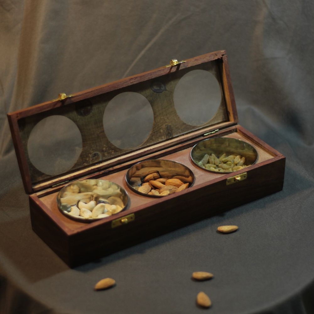 Wooden Dryfruit Box with 3 Bowls – 12 x 4 inch — view 3