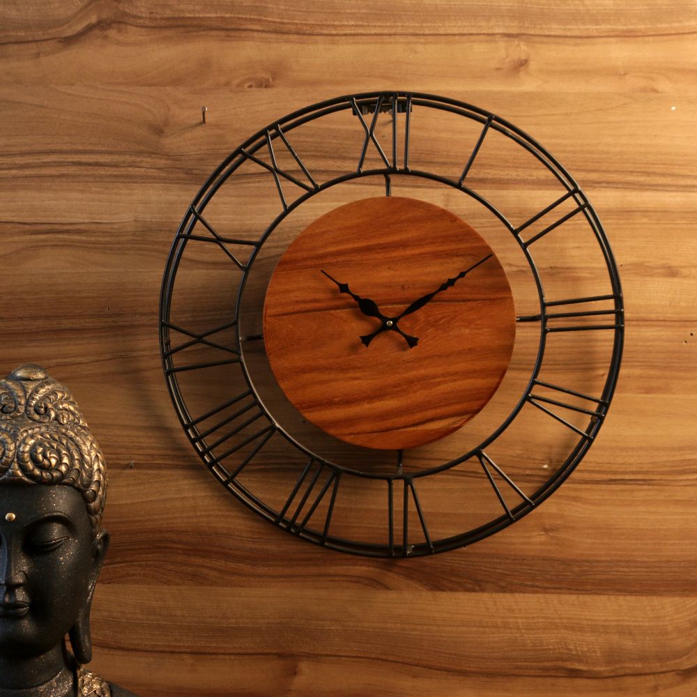 Geometric Iron and Wood Open-Dial Wall Clock — view 2