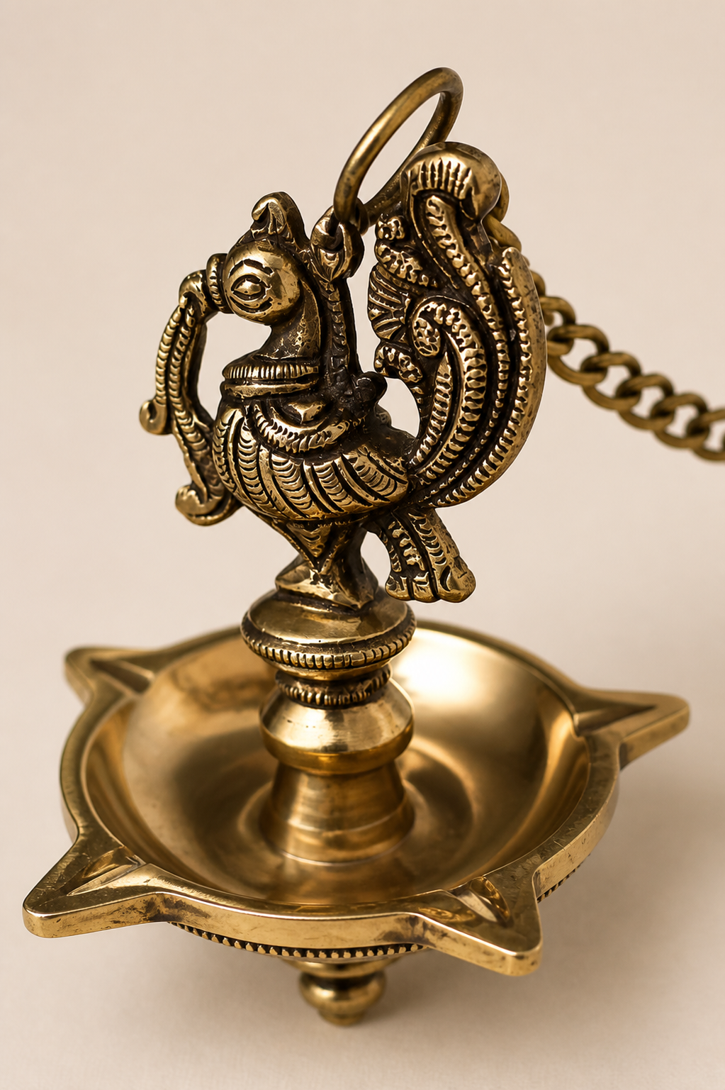 Pure Brass Peacock Hanging Diya – 5 Wick Antique Finish