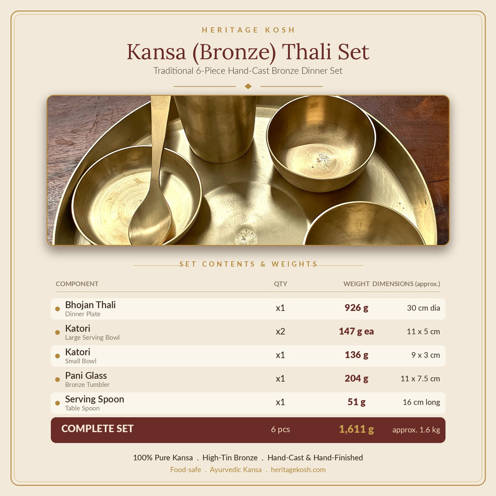 Kansa thali set specifications - weights and dimensions of all 6 pieces