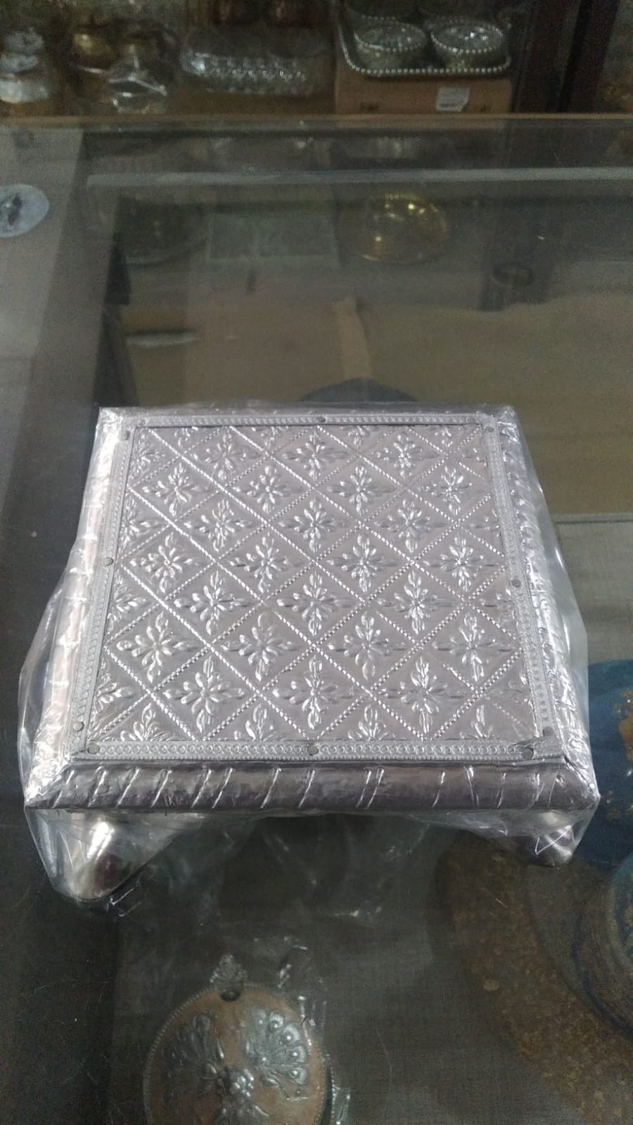 Silver-Clad Wooden Chowki – 6 x 6 inch — Silver tone over a wooden core