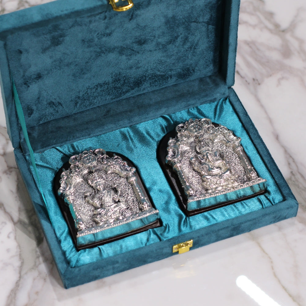 Laxmi Ganesh Hanging Plaques – Silver Finish, Boxed