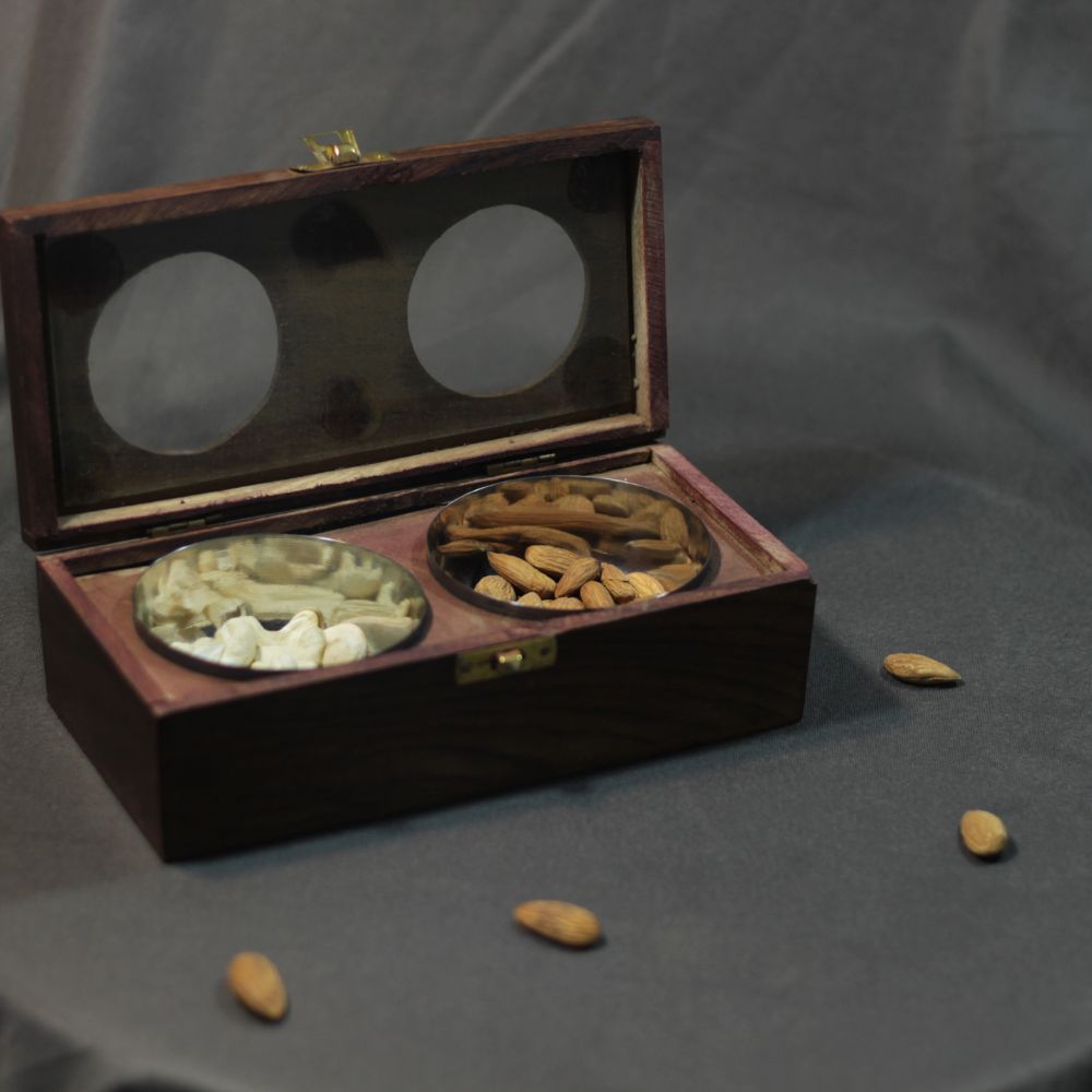 Wooden Dryfruit Box – 2 Bowl, 8x4