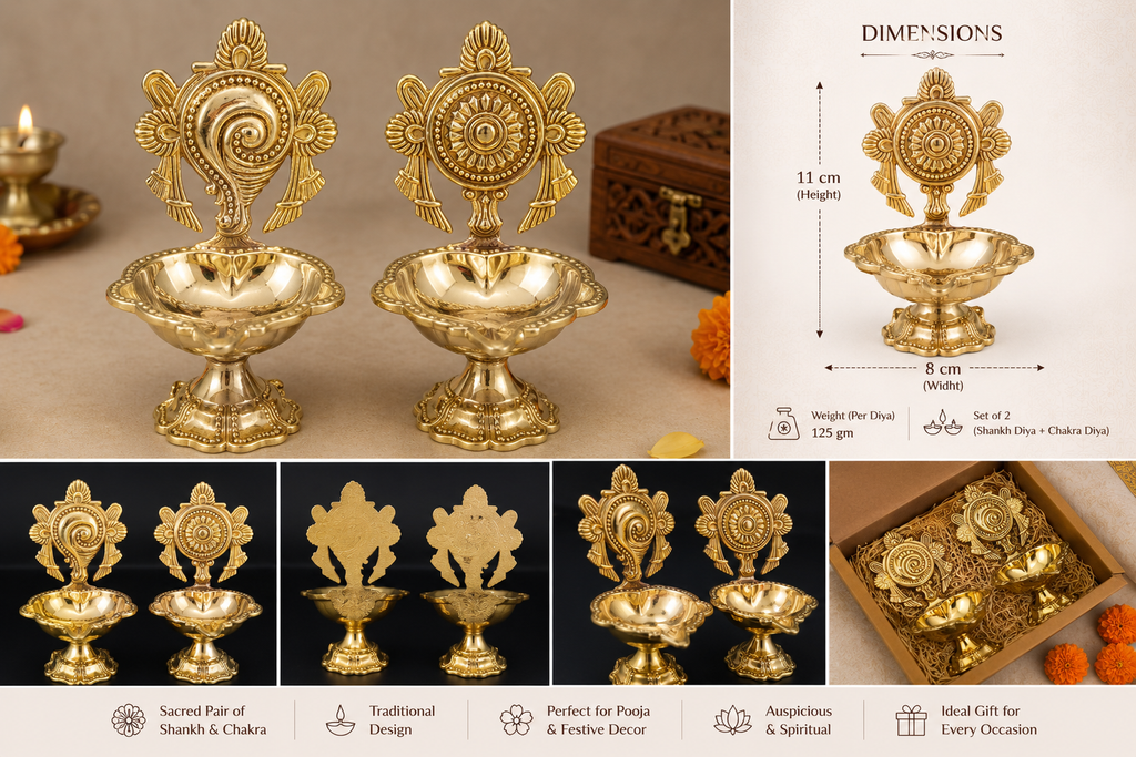 Shankh Chakra Standing Diya Pair – Handcrafted Golden Metallic Pooja Set