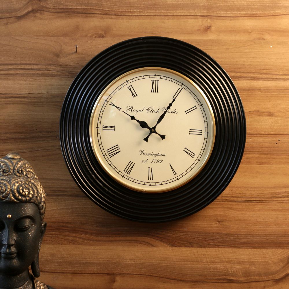 Black Ribbed Wall Clock – 18 inch — Matt black ribbed rim with a cream dial