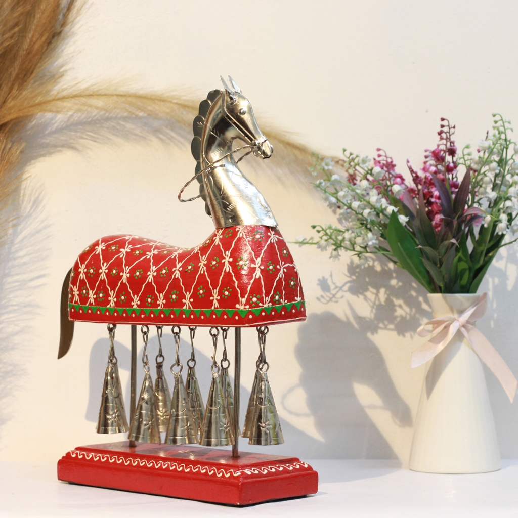 Wooden Bell Horse with 10 Bells – 21 inch — Red and white painted jhool with a silver horse