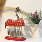 Wooden Bell Horse with 10 Bells – 21 inch — Red and white painted jhool with a silver horse