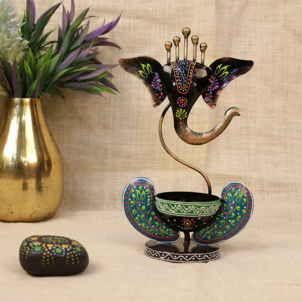 Painted Ganesha Tealight Holder – Black — Black with fine multicolour hand-painting