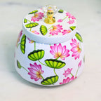Hand-Painted Lotus Matki Bowl – 4 inch — White ground with pink lotus and green leaf painting