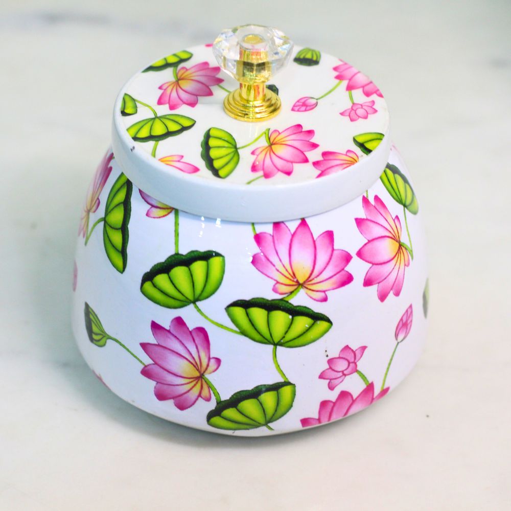Hand-Painted Lotus Matki Bowl – 4 inch — White ground with pink lotus and green leaf painting
