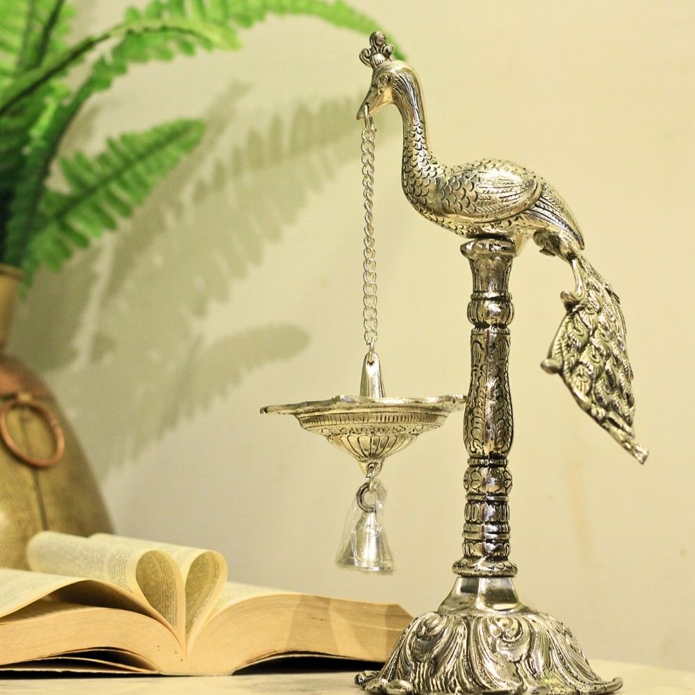 Standing Peacock Oil Lamp with Bell – 12 inch — view 4