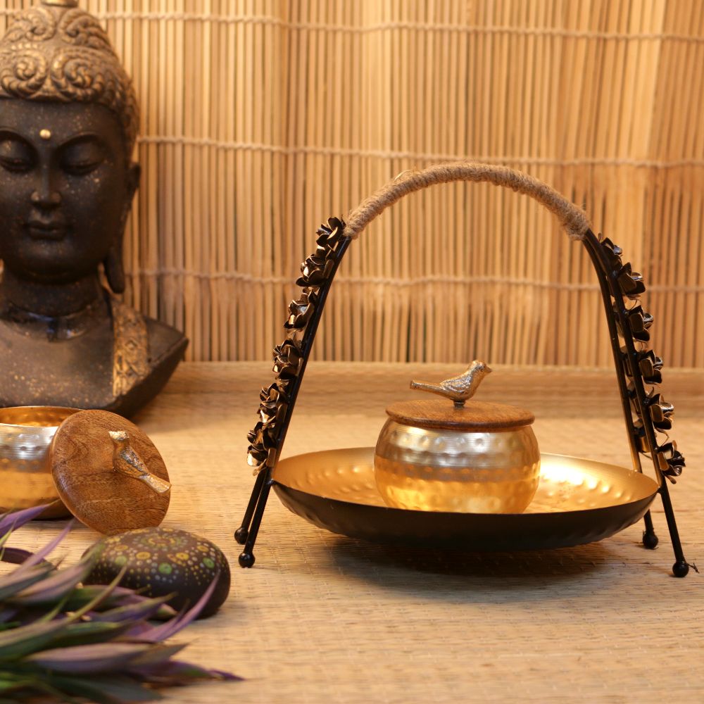 Rose Arch Basket with Lidded Bird Bowl — Antique gold with a dark iron arch