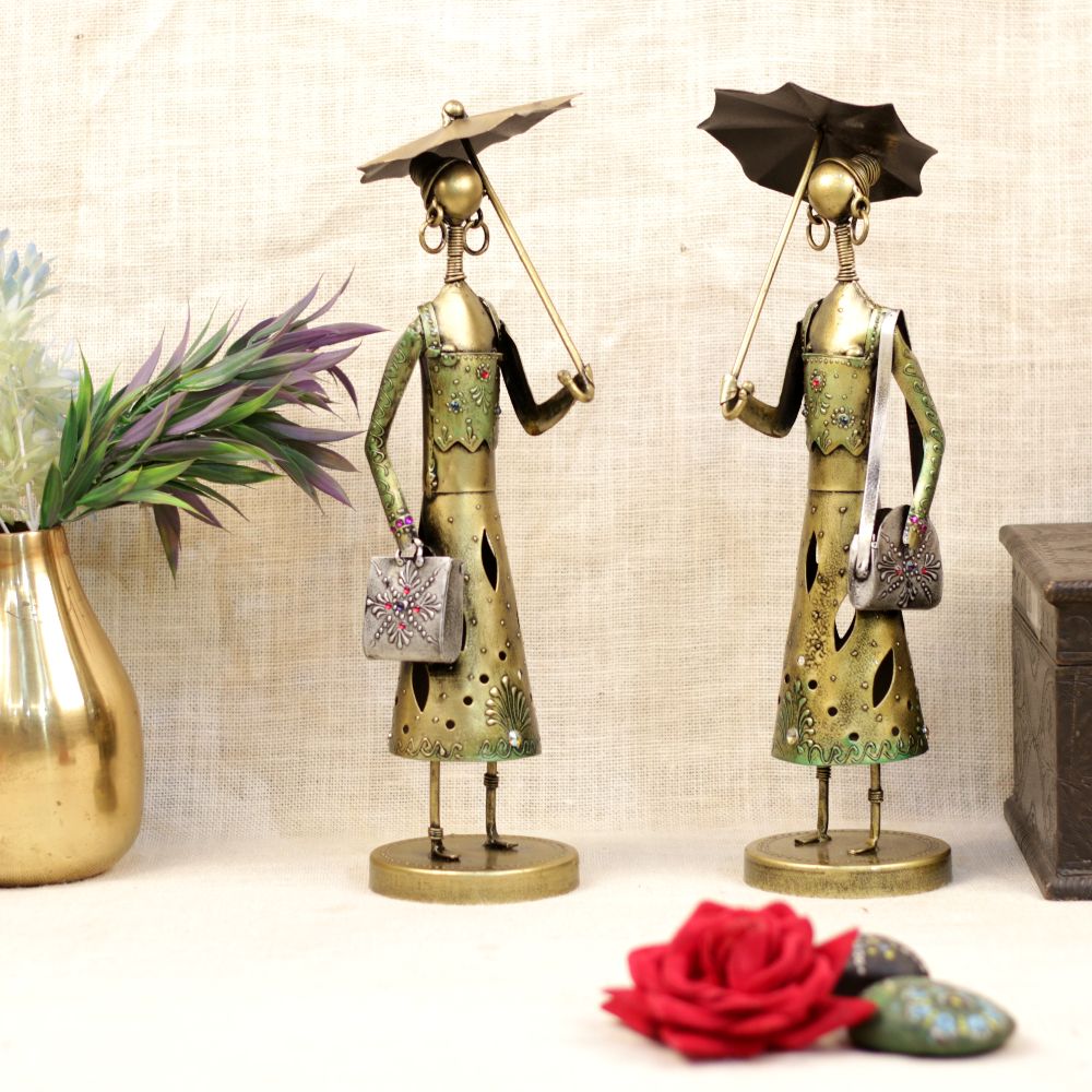 Painted Umbrella Ladies – Set of 2 — Antique green-gold with painted detailing