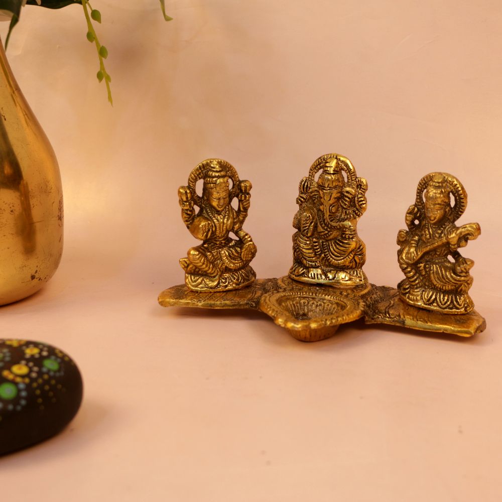 Laxmi Ganesh Saraswati Deepak — Oxidised silver-grey metal