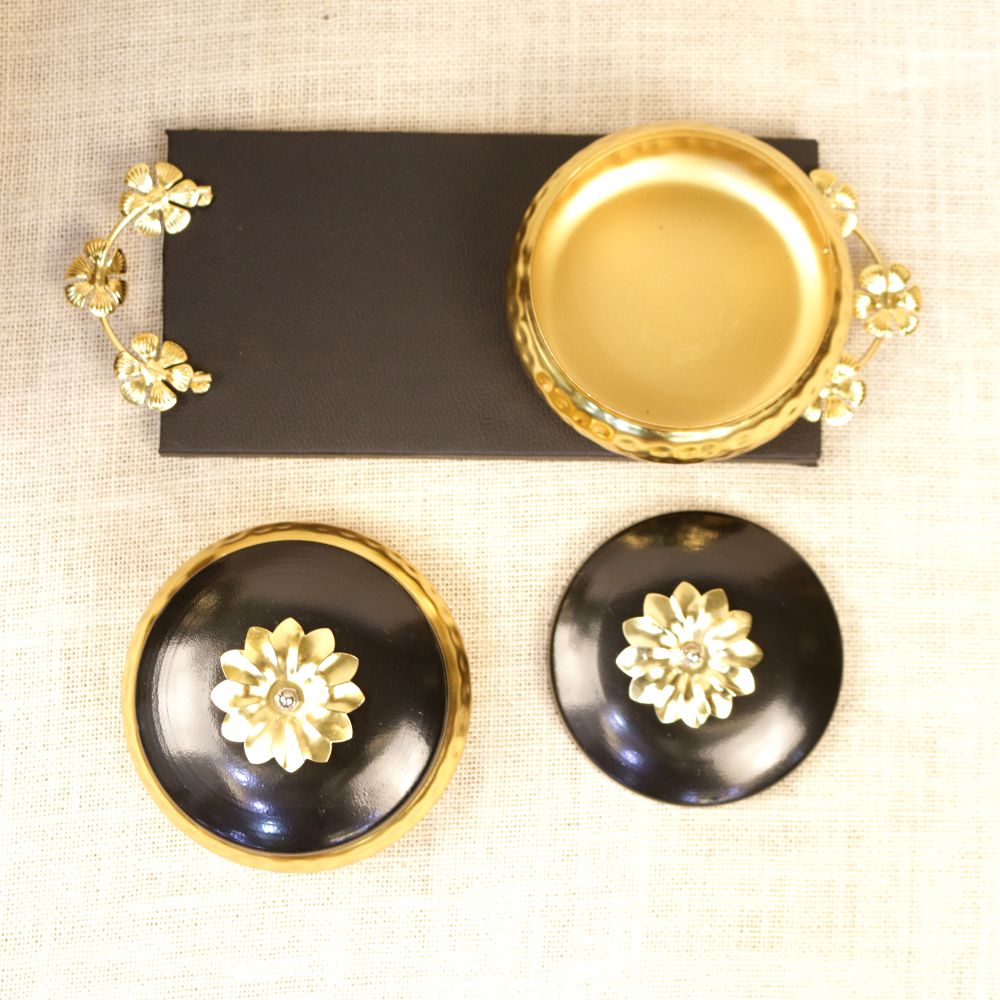 Black and Gold Lidded Bowl Set with Tray — view 2