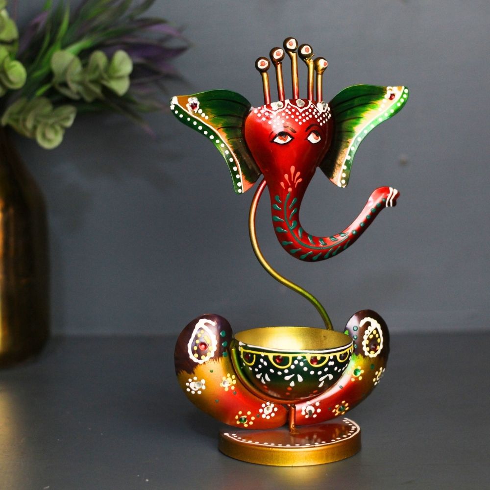 Painted Ganesh Tealight Holder – Red/Green