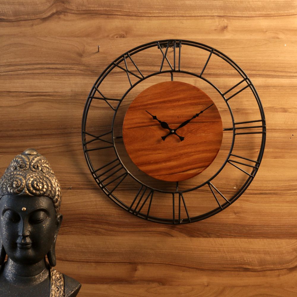 Geometric Iron and Wood Open-Dial Wall Clock — view 5