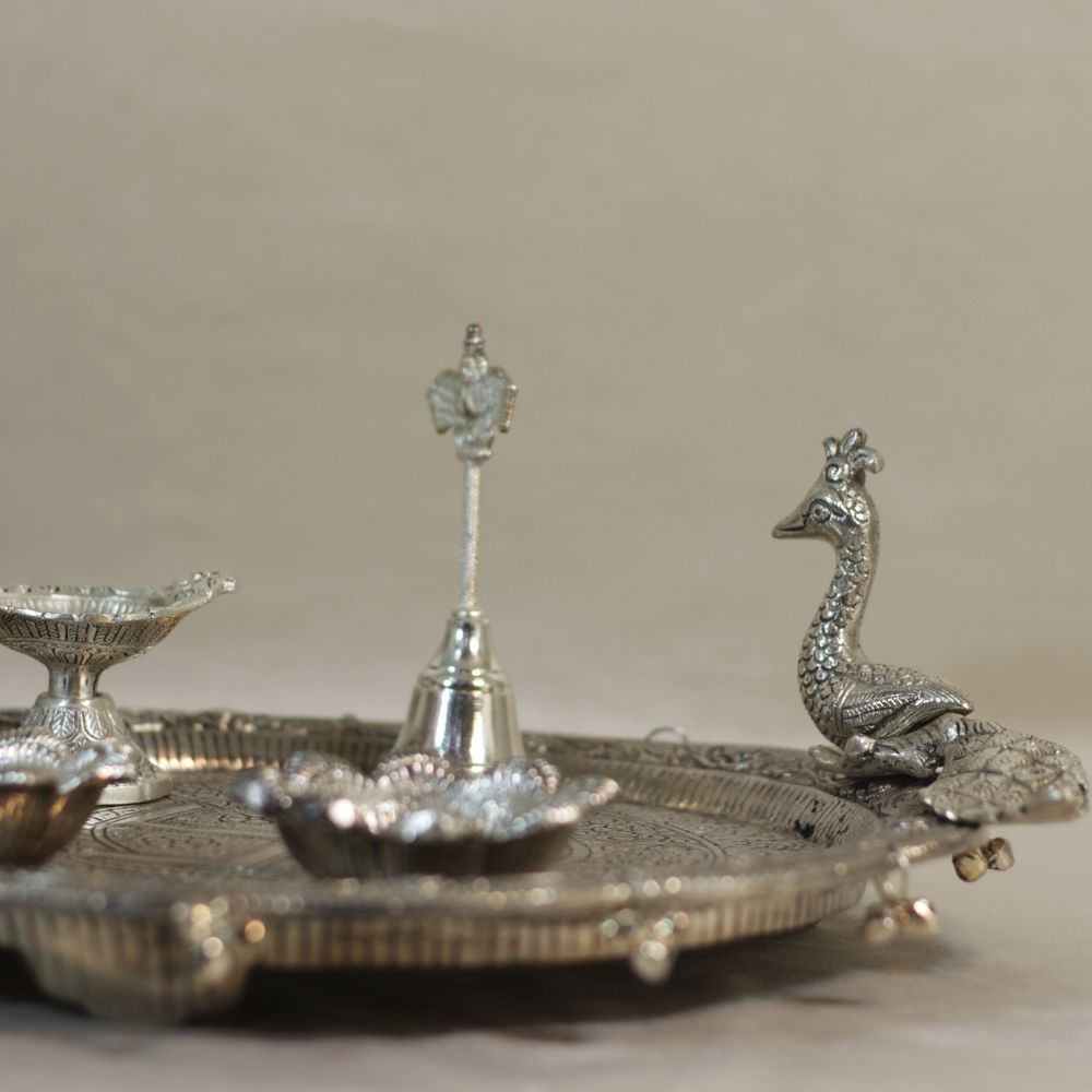 Peacock Pooja Thali with Diya and Containers — view 6