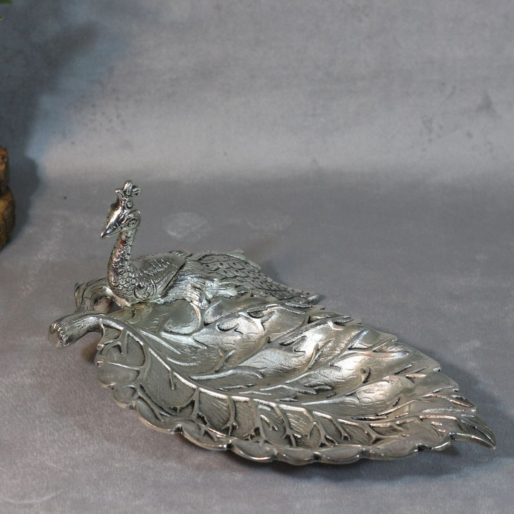 Peacock Leaf Serving Platter – Silver Finish — Antique silver tone