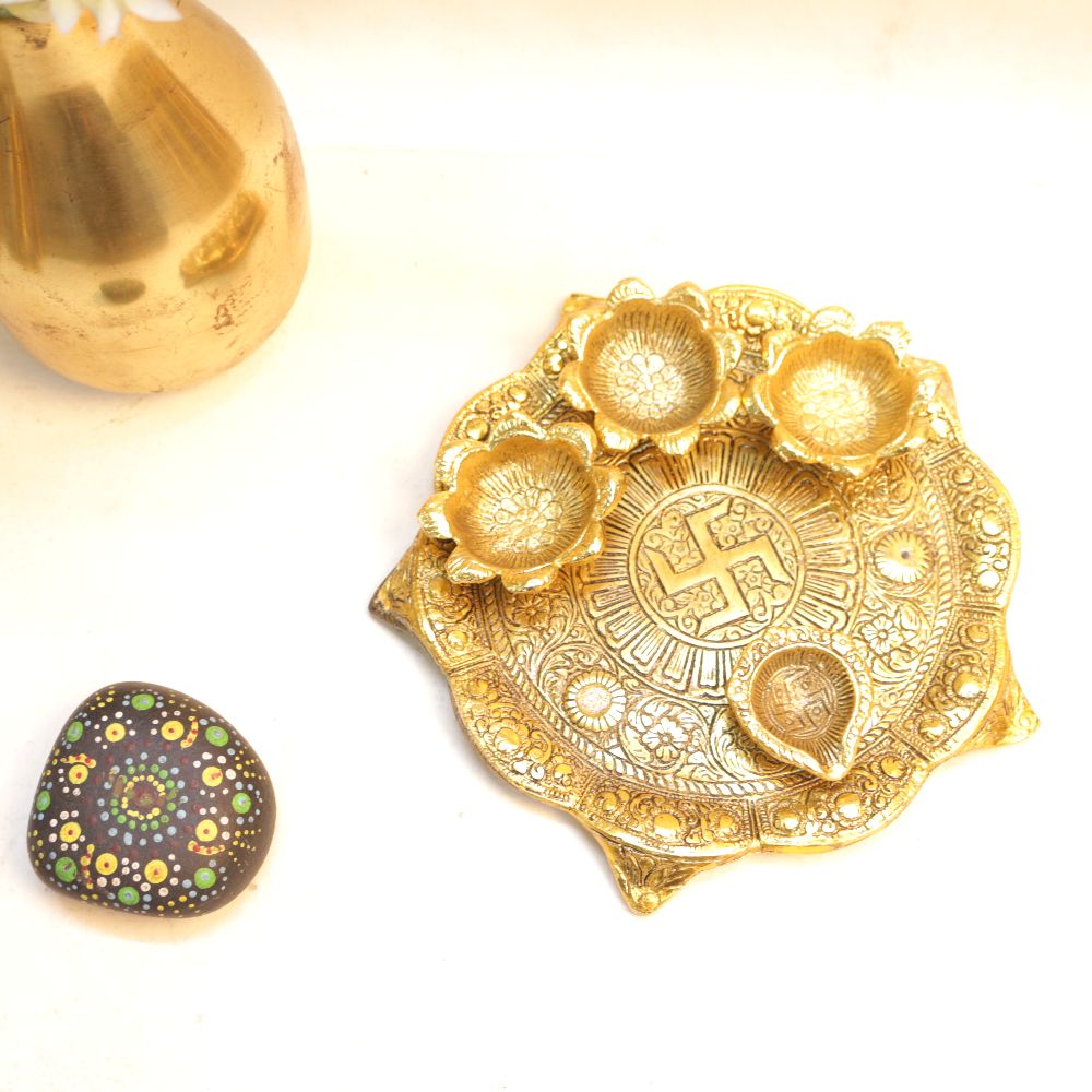 Golden Pooja Thali with Fitted Diyas — view 2