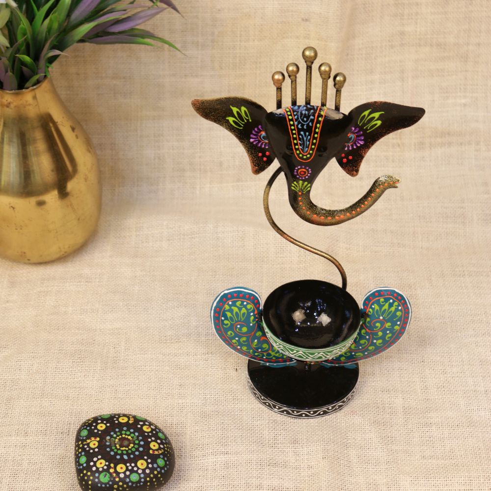 Painted Ganesha Tealight Holder – Black — view 3