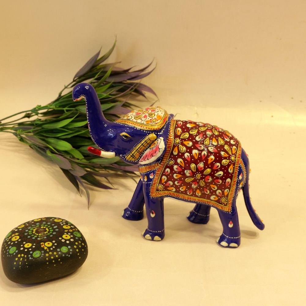 Meenakari Decorative Elephant – 3 inch — Cobalt blue with a red and gold jewelled jhool