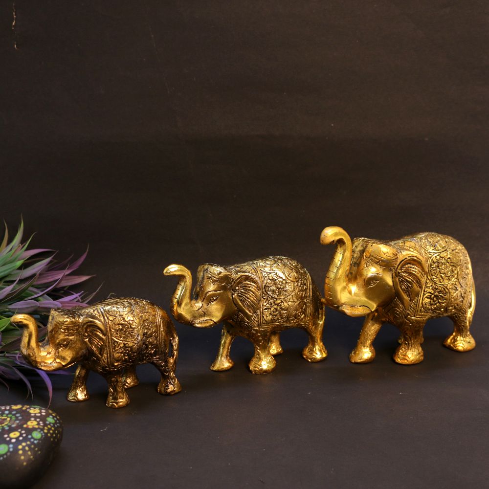 Walking Elephant Figurines – Set of 3 — Antique metallic finish