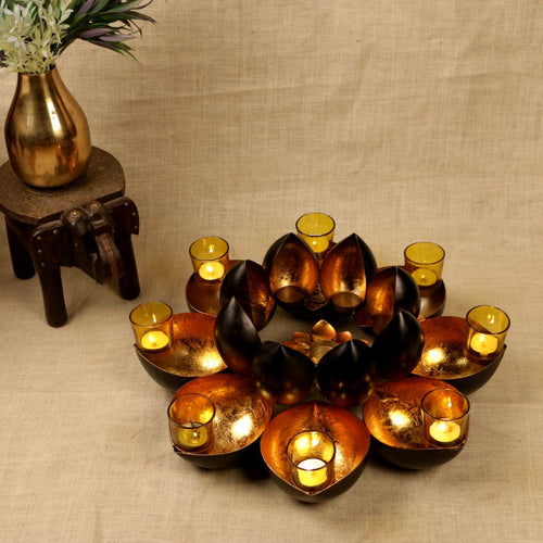 17 Batti Diya Stand with Glass Cups — Antique gold tone with clear glass cups