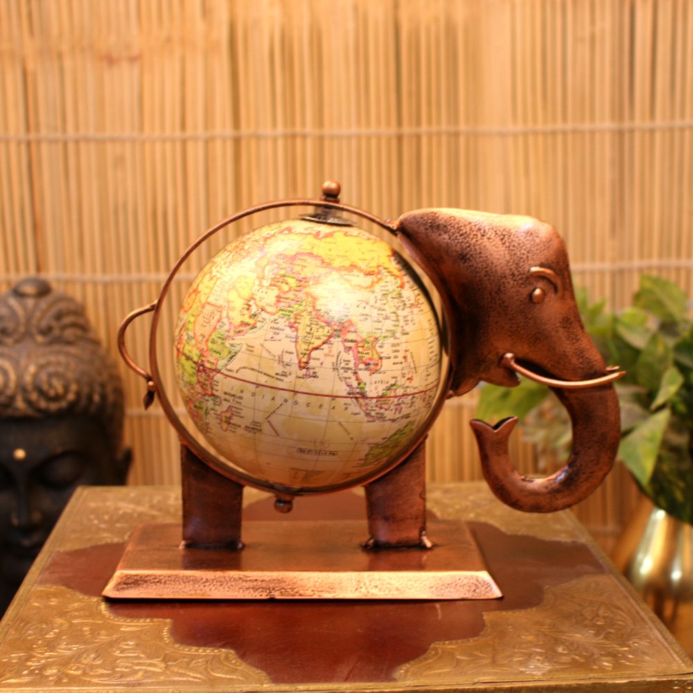 Elephant Globe Table Decor – Small — Antique copper elephant with a printed globe