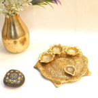Golden Pooja Thali with Fitted Diyas — Bright golden metal