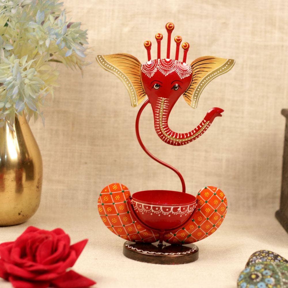 Painted Ganesha Tealight Holder – Red — Red and orange with gold detailing