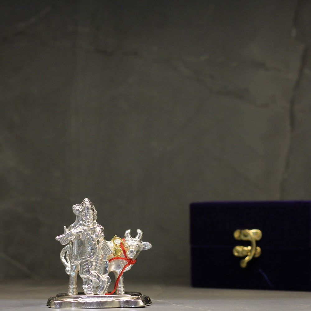 Silver-Finish Krishna with Cow Idol – Boxed — view 5