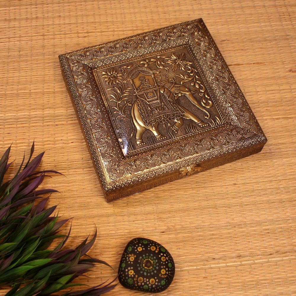 Embossed Dryfruit Box – 10 x 10 inch — Oxidised metal with embossed panels