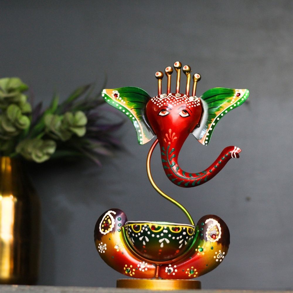 Painted Ganesh Tealight Holder – Red/Green
